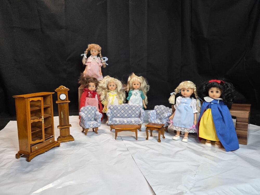 Vintage Dolls And Hand Carved Furniture Grandfather Clock , Couch And Chairs,